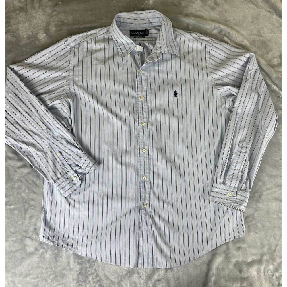 Ralph‎ Lauren Men's XXL Blue White Striped Custom Fit Long Sleeve Button  Shirt